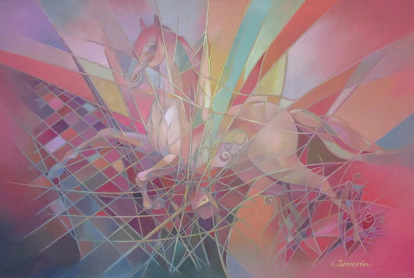 Regeneration Chromatic series — horse in fractured reds and pinks.