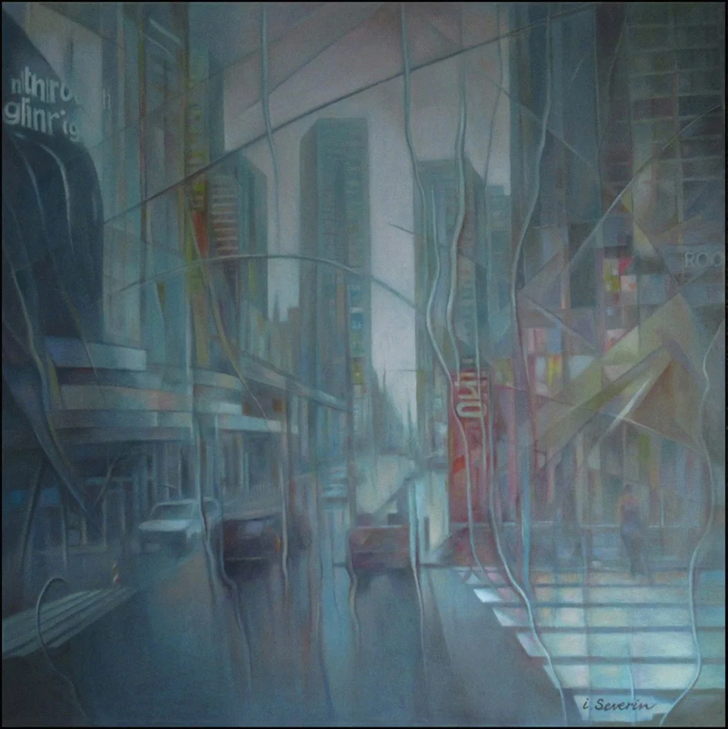 Rainy New York — oil painting of a rain-washed city street.