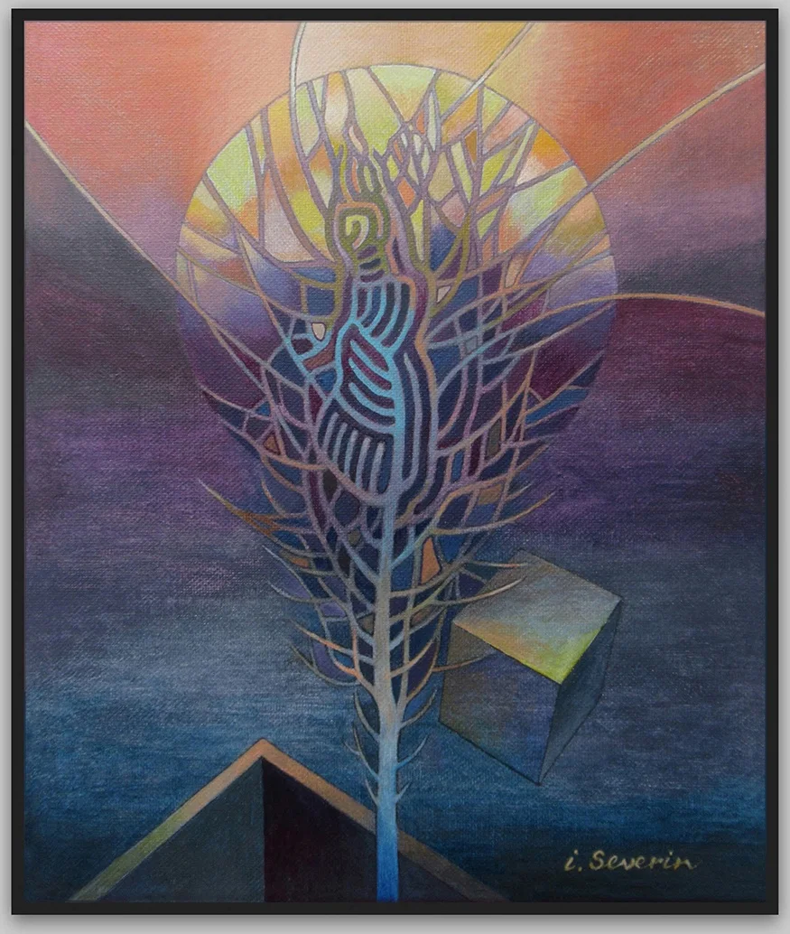 Regeneration Chromatic — figure in a tree of stained-glass colour, acrylic on paper.