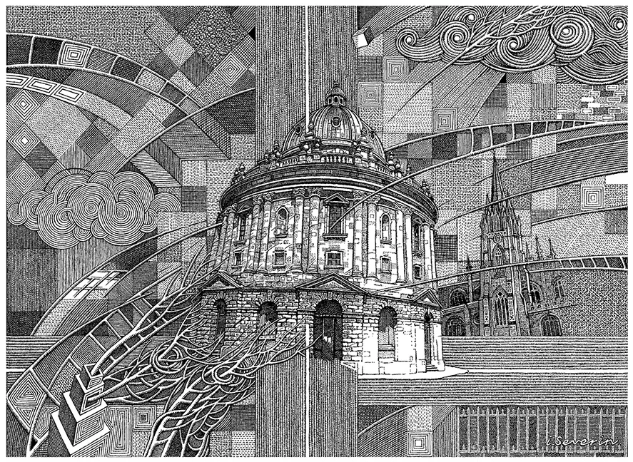 Regeneration series — Bodleian Library, Oxford. Pen and ink drawing.