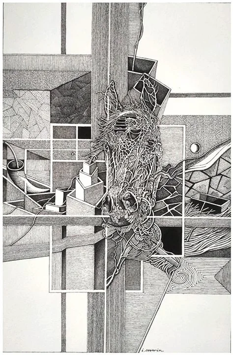 Regeneration series pen and ink drawing with horse motif, 2015.
