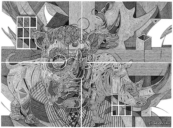 Regeneration series — Rhinoceros. Pen and ink drawing.
