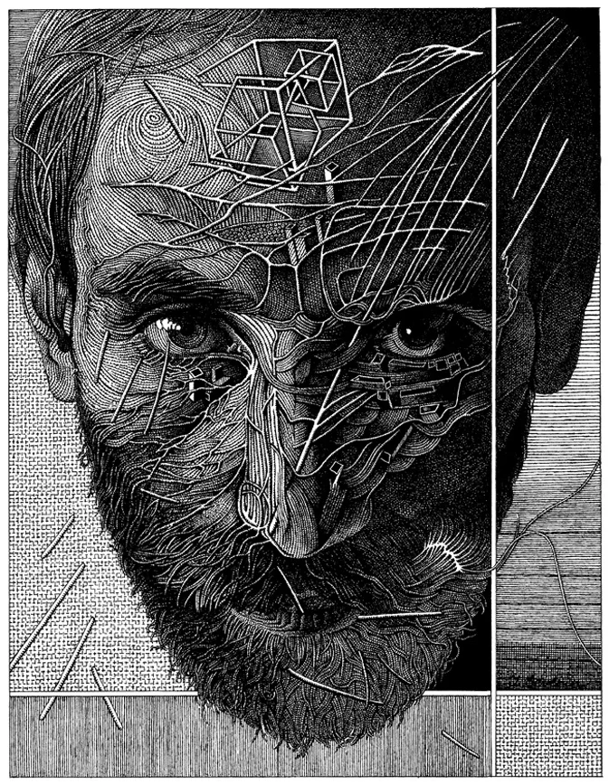 Regeneration series — fragmented bearded portrait, pen and ink.