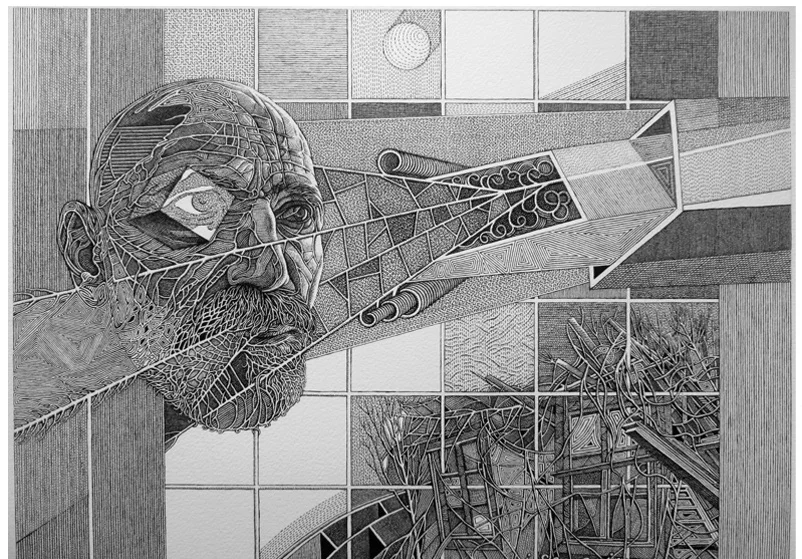 Regeneration series — self-portrait with geometric beam, pen and ink.